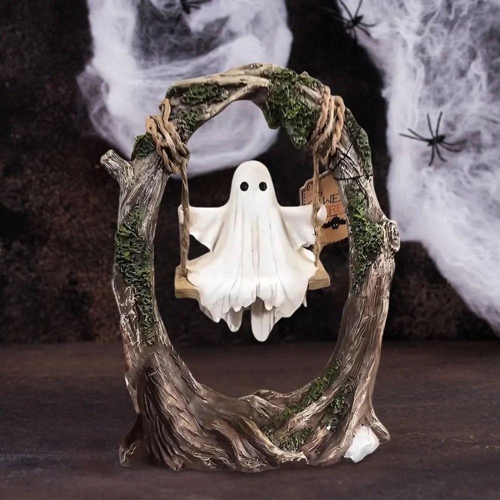 High-Quality Spooky Halloween Ghost on Tree Swing Resin Cute Halloween Ornament Handcrafted Funny Ghost Decor Halloween Party