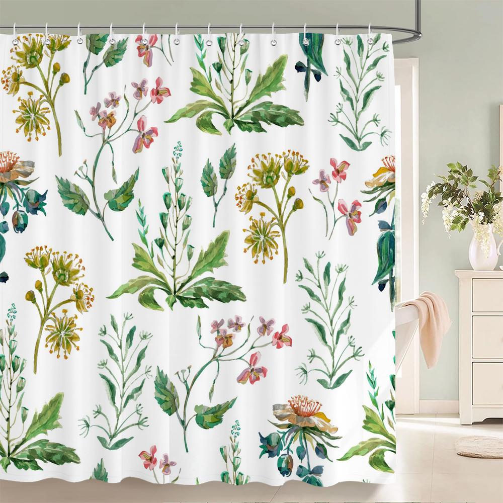 Зеленые Листья Растения и Цветы Занавеска для Душа Печать Современный Скандинавский Минималистский Полиэстер Домашний Декор Занавеска для Ванной Комнаты с Крючками