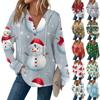 Women's Casual Long Sleeve Button V Neck Christmas Print Drawstring Hooded Top