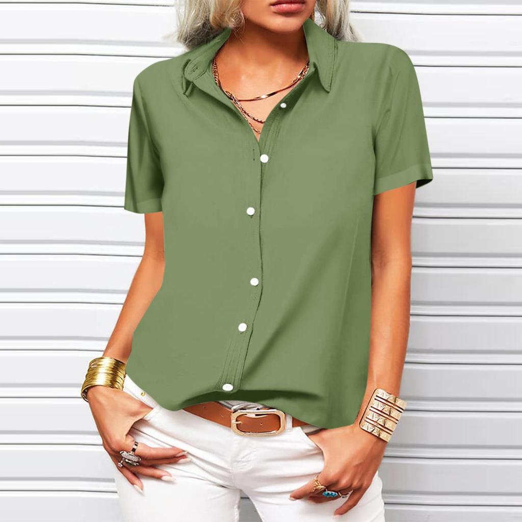 Women's Fashion Casual Short Sleeve Solid Color Buttons Lapel Shirt Top Blouse