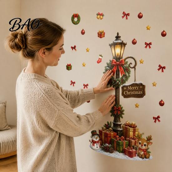 Easy Apply Holiday Window Stickers Retro Street Lamp Christmas Wall Decal, Merry Lamppost Sticker, Waterproof for Home DIY Mural Art Living