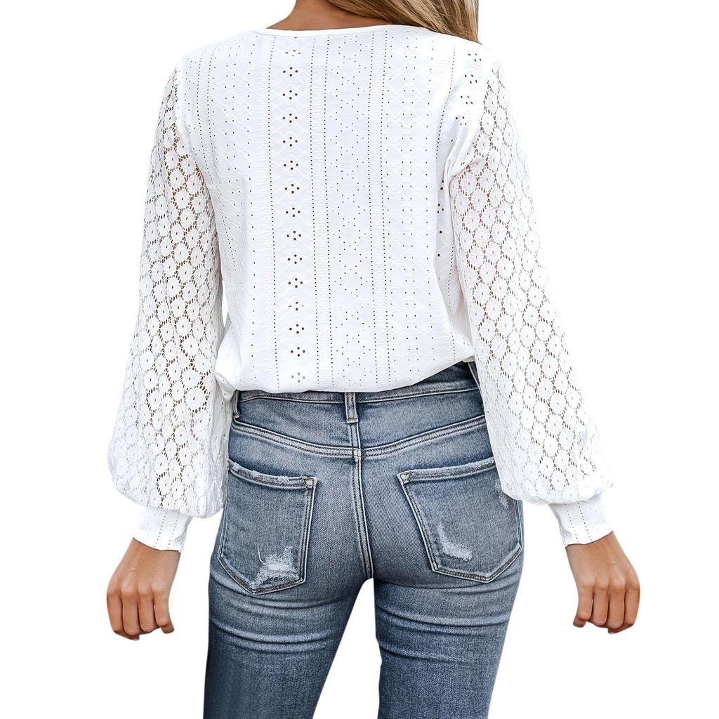 Женская рубашка с v-образным вырезом и кружевом в стиле пэчворк с пышными рукавами