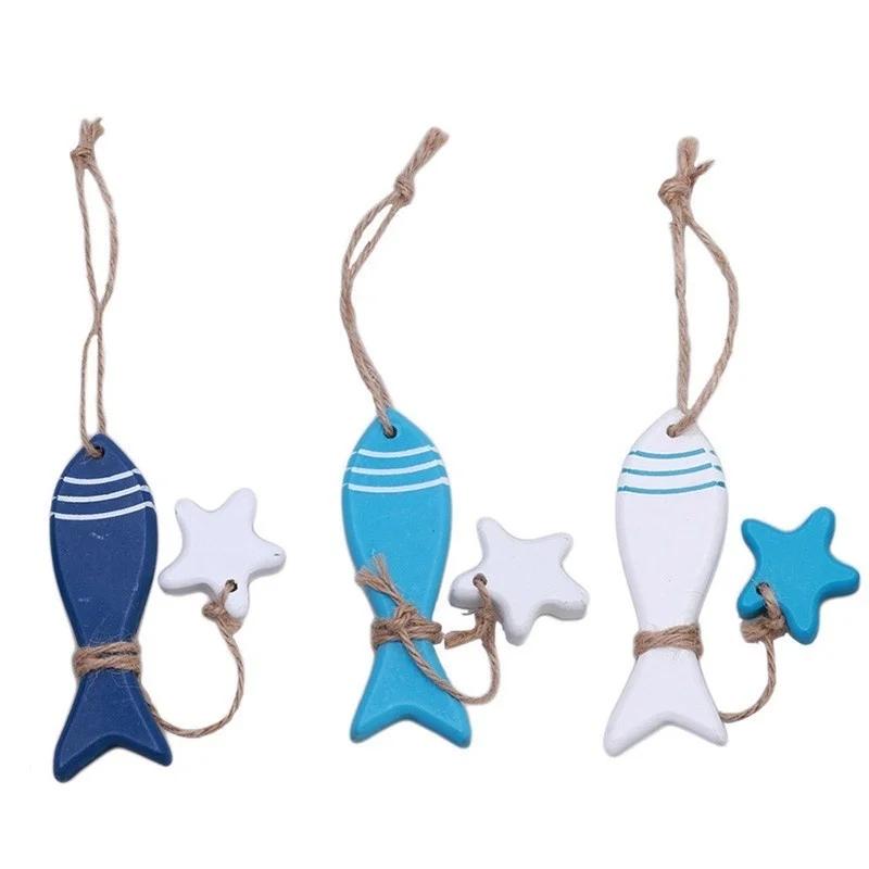 1PCS Marine Style DIY Home Decorative Wooden Small Fish Seahorse String Wall Hangings Starfish Dolphin Pendant Random Color