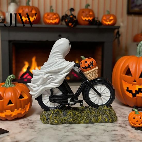 Desktop Ghost Ornament for Home Halloween Riding Motorcycle Figurine, Novelty Rider Resin Atmospheric Decor Statue with Pumpkin Indoor Desk