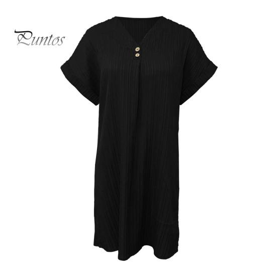 Летнее мини-платье с короткими рукавами и V-образным вырезом, свободное однотонное платье в стиле бохо с пуговицами, повседневное платье для пляжного отдыха, повседневная одежда