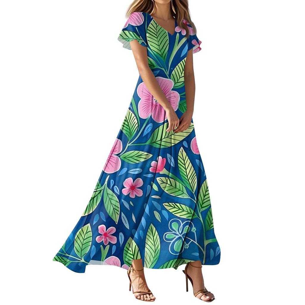 Женское повседневное платье с V-образным вырезом, коротким рукавом, высокой талией и принтом в виде цветов и листьев в стиле ретро