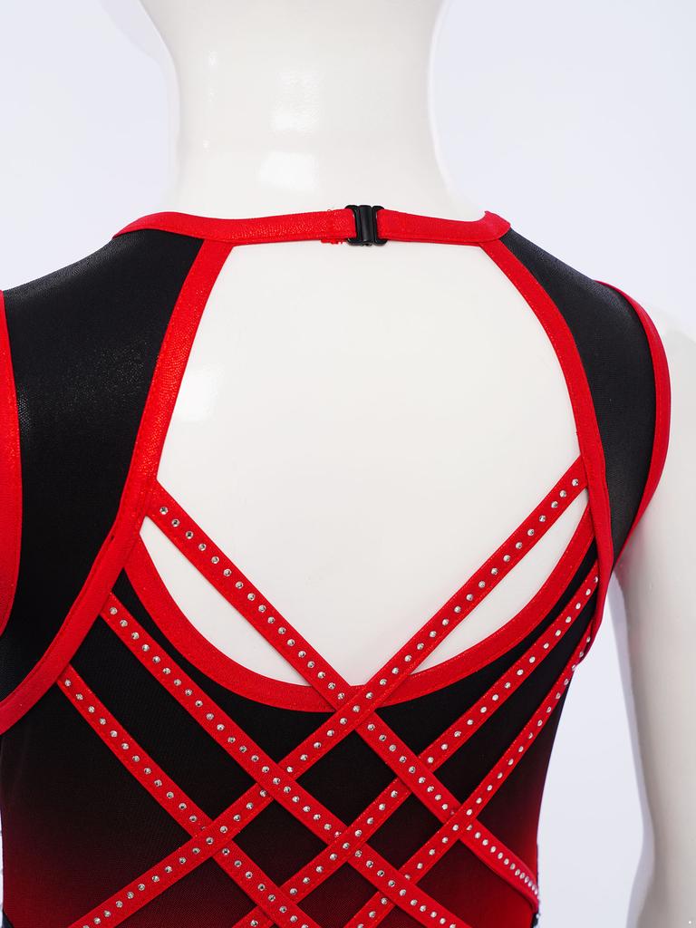 Девочки Танцевальный Купальник Металлик Контрастный Цвет Сетчатая Вставка Пэчворк Без Рукавов Перекрещенная Спинка Вырез Стразы Боди