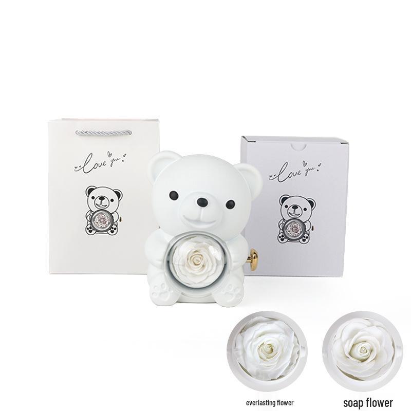 Высококачественная вращающаяся шкатулка для украшений в виде медведя с неувядающими цветами - Идеальный подарок на День святого Валентина