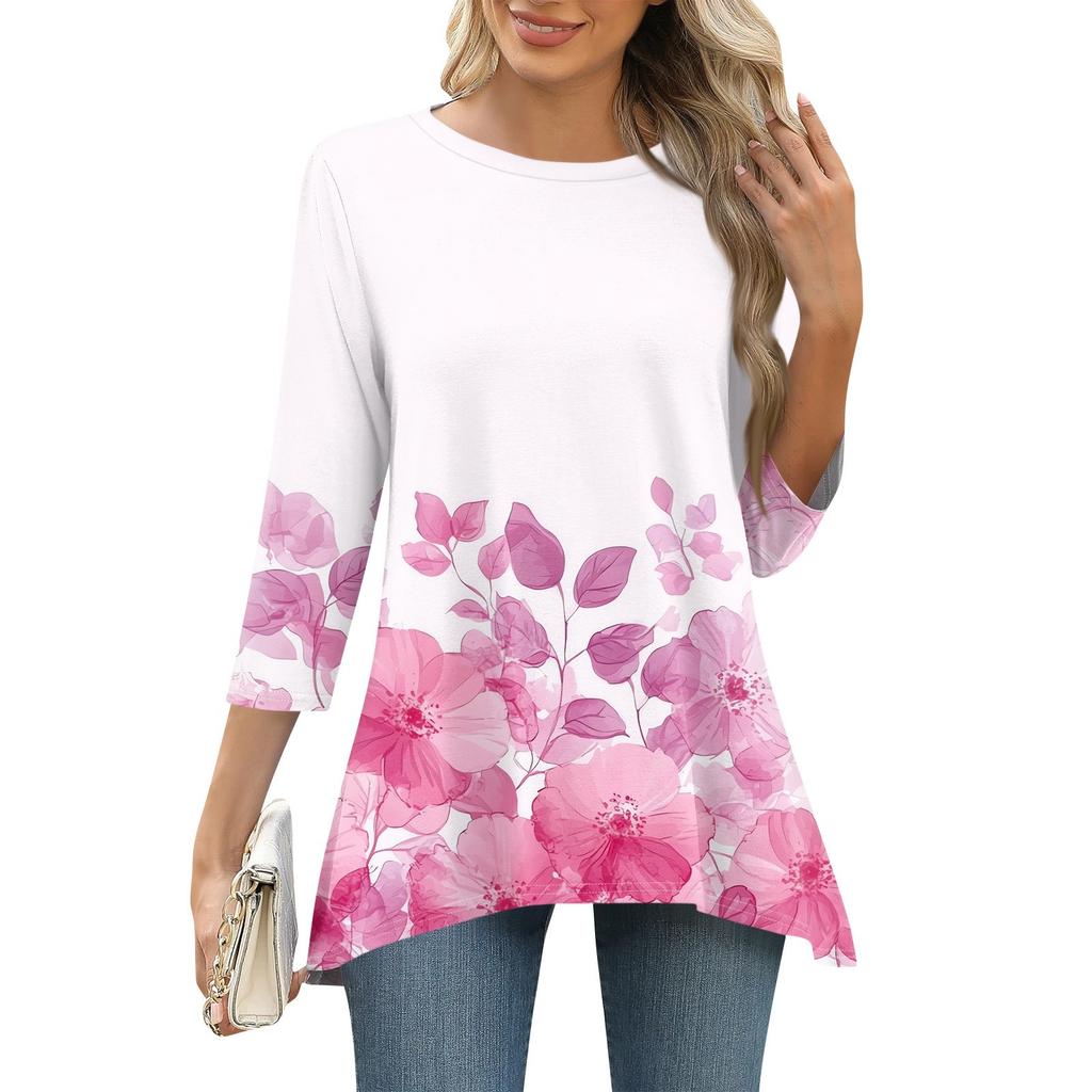 3/4 рукав туника топы для женщин принтованный повседневный выходной свободный крой модная базовая футболка с круглым вырезом