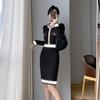French Elegant Party Color Contrast Dress Women Vintage Slim Mid-length Knitted Dresses Female Korean Fashion Design Casual Clothes