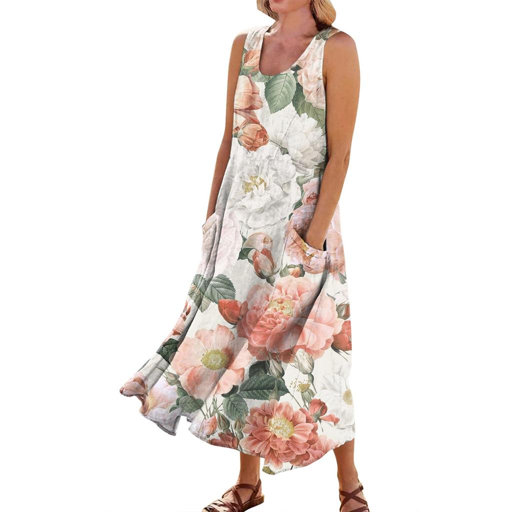 Женское повседневное удобное хлопковое карманное платье без рукавов с цветочным принтом
