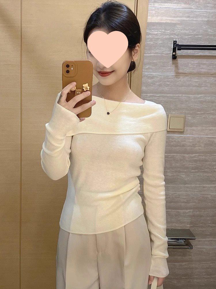 French Style Off-Shoulder Knitted Long-Sleeve Top for Women - Spring/Autumn 2025 Slim-Fit Sweater