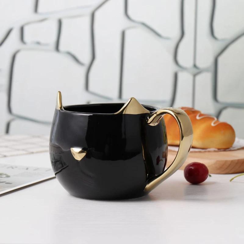 Творческая керамическая кружка «Кошачьи ушки», позолоченные кофейные кружки с ручкой, чашка для завтрака, молока, овсянки, подарки на День святого Валентина, посуда для питья