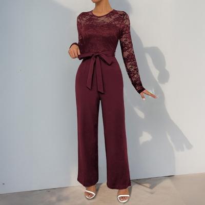 Женский кружевной деловой комбинезон с длинными рукавами и широкими брюками с высокой талией