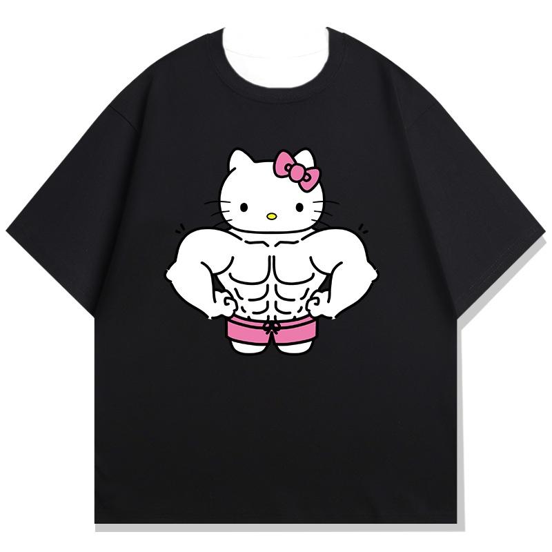 Hello Kitty Fitness Theme Printed Childrens Tshirt Loose Casual Round Neck Parent Child Short Sleeve 2026 Summer New Style