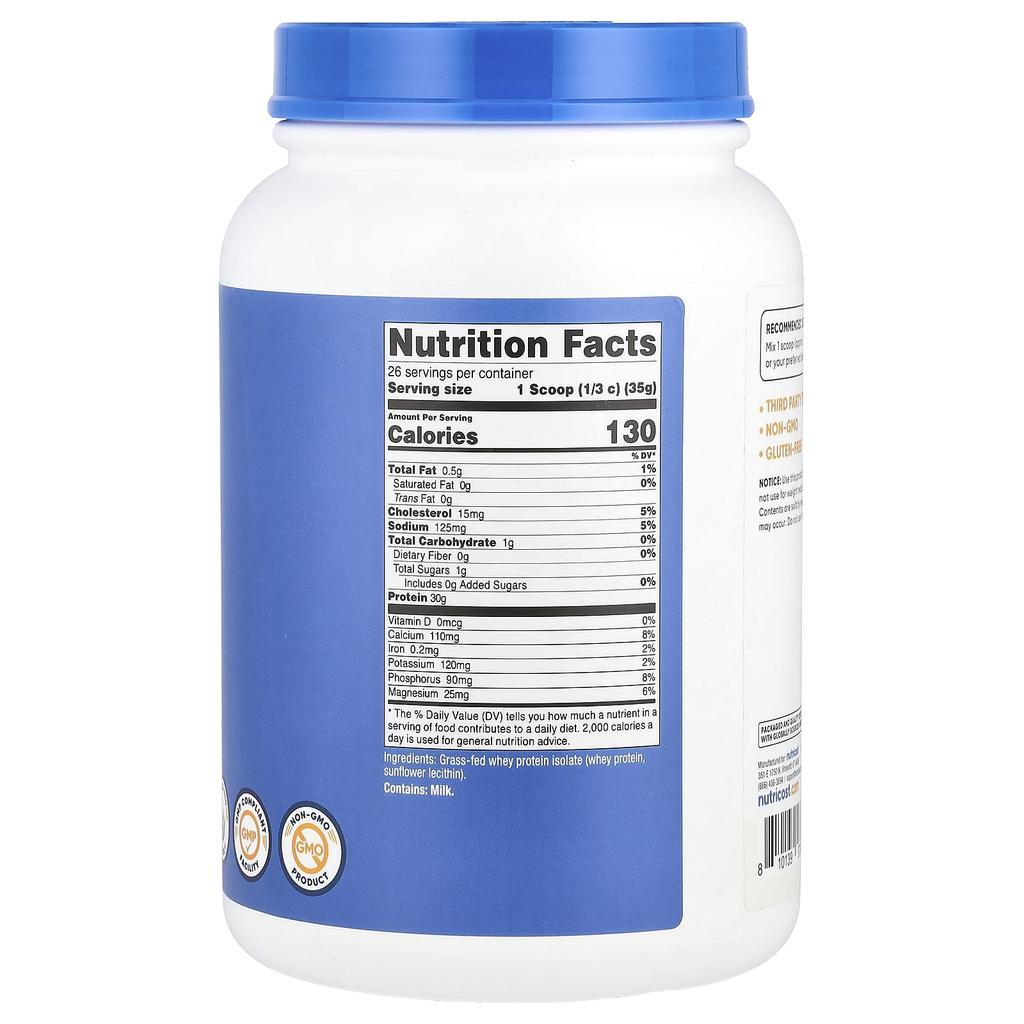 Grass-Fed Whey Protein Isolate, Unflavored, 907G (2Lb)