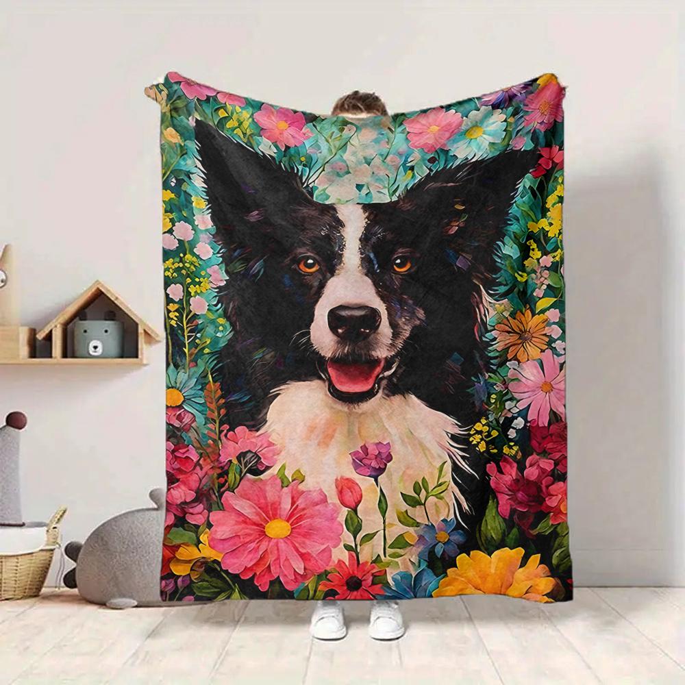 1Pc Floral Border Collie Portrait Flannel Blanket, Soft And Comfortable, Casual Warm, Camping Travel, Christmas, Halloween Xmas Gift. G1298