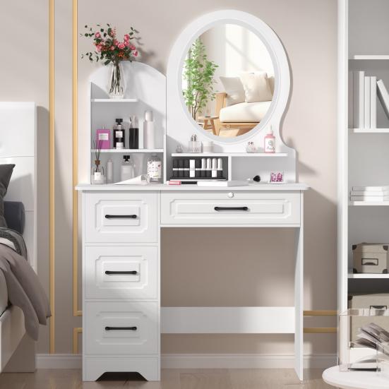 Home Vanity Desk Makeup with Mirror, Large Storage Shelves, 4 Drawers, Table Light, Bedroom Dressing