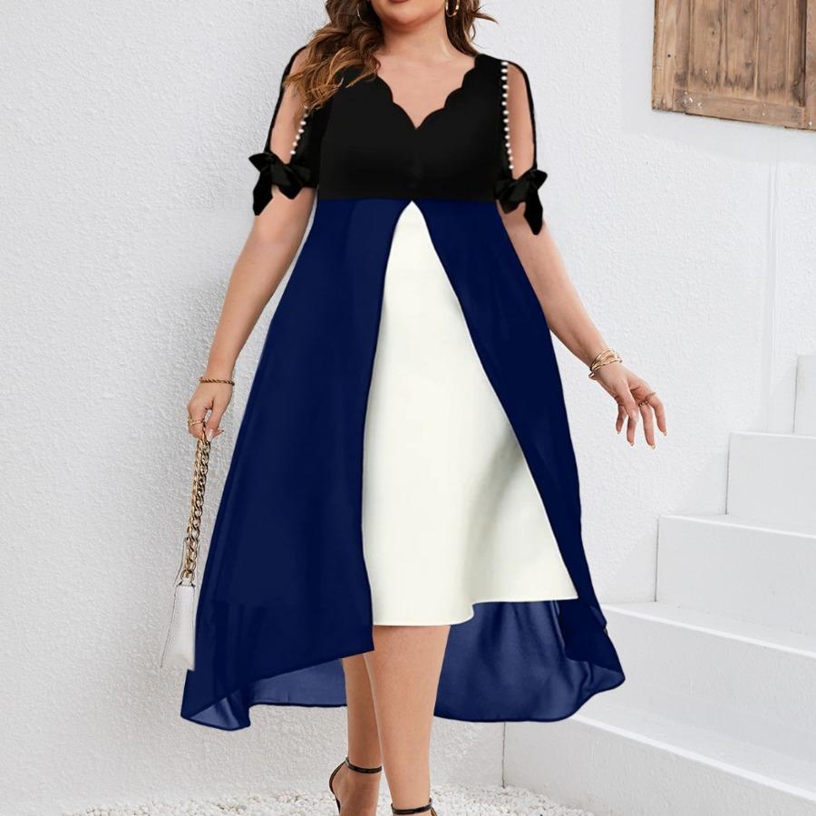 Весенне-летняя женская одежда больших размеров, элегантное модное платье с открытыми плечами и v-образным вырезом, лоскутное шифоновое платье из искусственного двойного предмета нестандартной формы