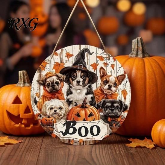 Creative Pumpkin Print Wooden Halloween Door Sign, Cute Puppy Witch Hat Boo Front Seasonal Entrance Decoration Hanger, Fall Maple Leaf Wall Decor for