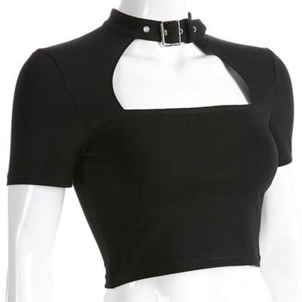 Women Fashion Punk Gothic Sexy Blouse Halter Short Sleeve Square Neck Bare Midriff Shirt Tops