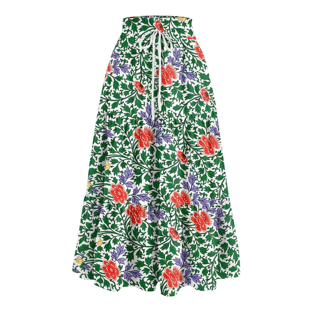 Women's Ruffled Spring Casual Long Skirt Plain Color Skirt Retro Pleated Skirt