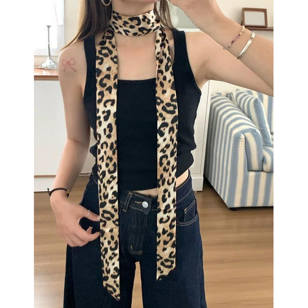 Long Narrow Scarf Leopard Print Multipurpose Skinny Neckerchief Neck Wrap Headband for Fashionable Women Waist Belt