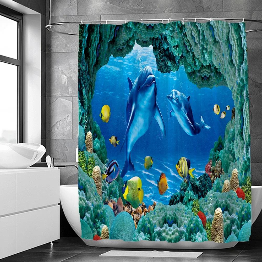 3d Bathroom Curtains Ocean Fish Jellyfish Shell Starfish Dolphin Anchor Shower Curtain Waterproof Fabric Cartoon Boy Bath Screen