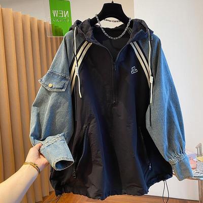 Большие толстовки для женщин, лоскутное деним, уличная одежда, топы 2000 года с капюшоном, контрастные цвета, винтажные толстовки