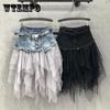 Asymmetrical Denim Tulle Skirts Women's High Waist Mid-length Mesh Pleated Skirt Y2K Gothic Tutu Skirts with Pockets Belt