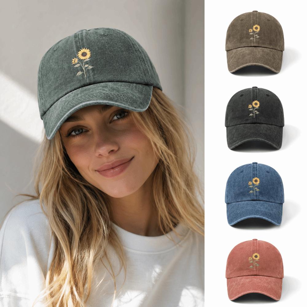Distressed Dad Hat Sunflower Printed Travel Hat Minimal Baseball Cap For Women Man