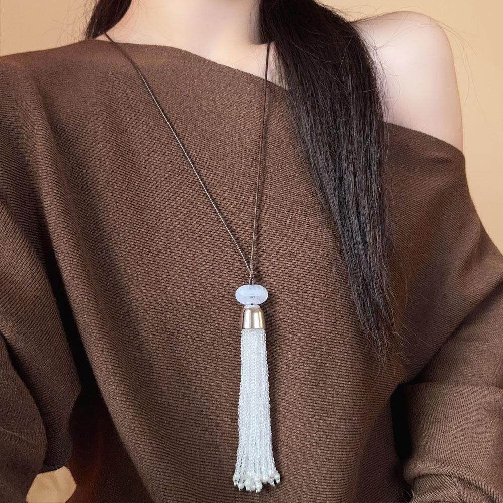 Stone Round Bead Beaded Tassel Necklaces Geometric Sweater Chain Party Jewelry Gift