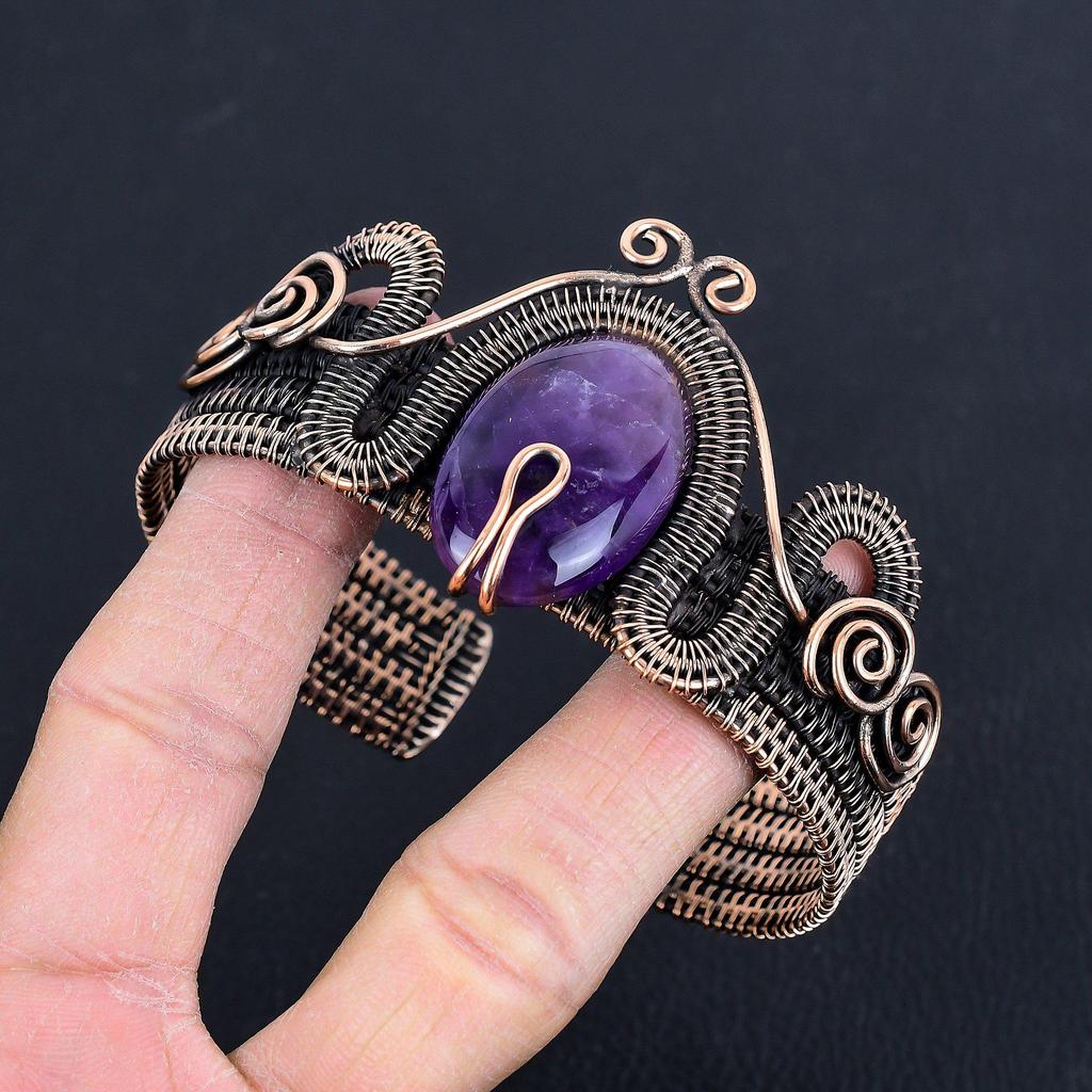 Аметистовый браслет-манжета, браслет-бенгл с настоящим драгоценным камнем, браслет, обернутый медной проволокой 999 пробы, украшения ручной работы, регулируемый браслет для подарка, женские украшения