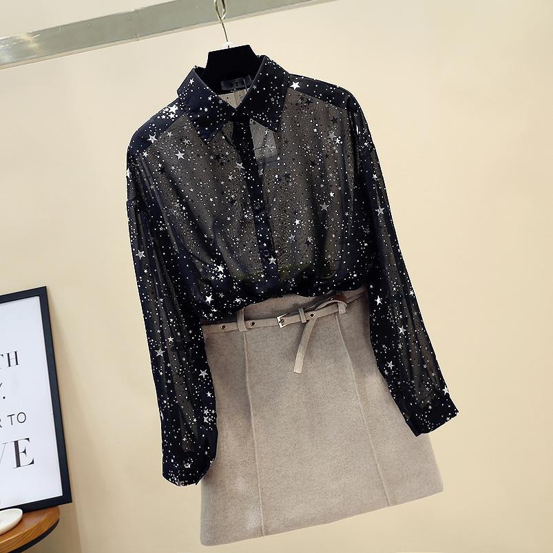 Summer Korean Loose Sparkling Star Chiffon Shirt Women's Top Sun Resistant Long Sleeved Shirt