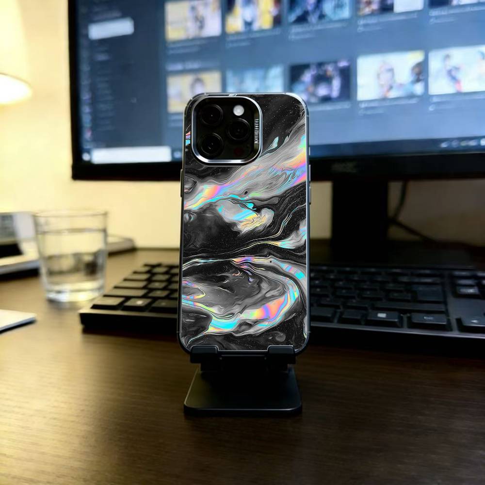 Психоделический голографический чехол для iPhone 17,16,15,14,13,12,11 Plus,Pro Max,XS,Разноцветная серебристо-черная крышка