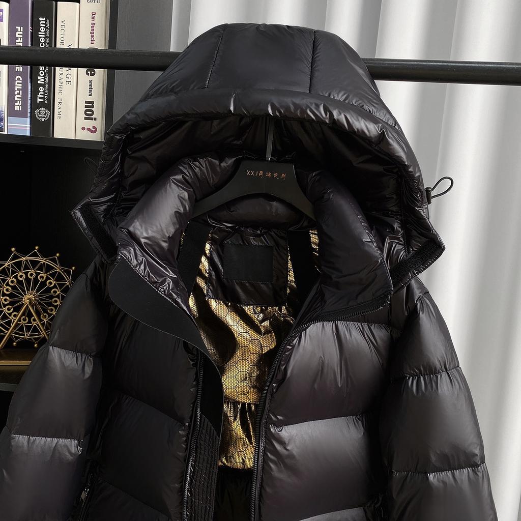 Новое модное тонкое и утолщенное теплое пышное короткое зимнее пальто с капюшоном черного, золотого и белого гусиного пуха, женское пальто