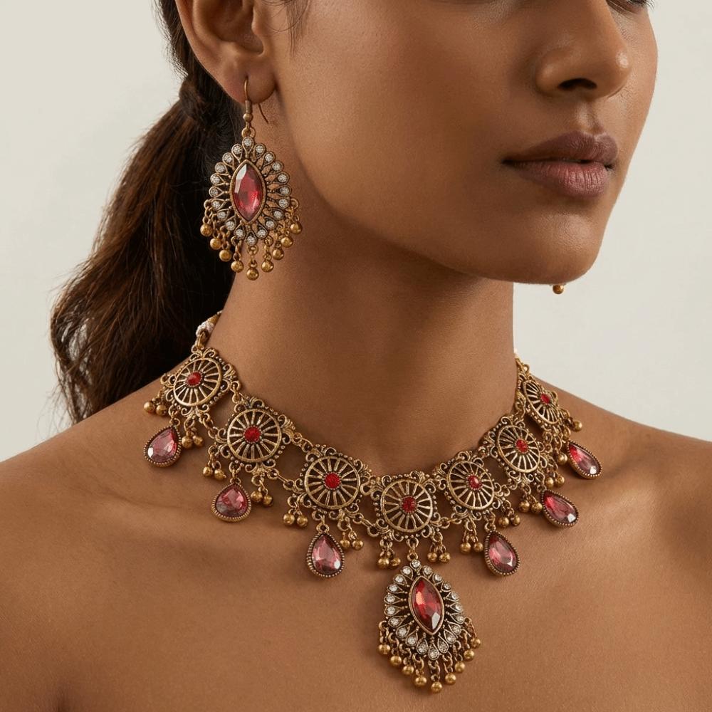 Metal Necklace Earrings Set Water Drop Pendant Ethnic Style Necklace Set  Wedding Party