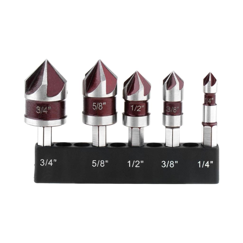 5pcs M35 Cobalt Countersink Drill Bit Set 5 Flute 82° 1/4" Hex Shank 1/4 3/8 1/2 5/8 With Holder Storage Strip for Metal Work