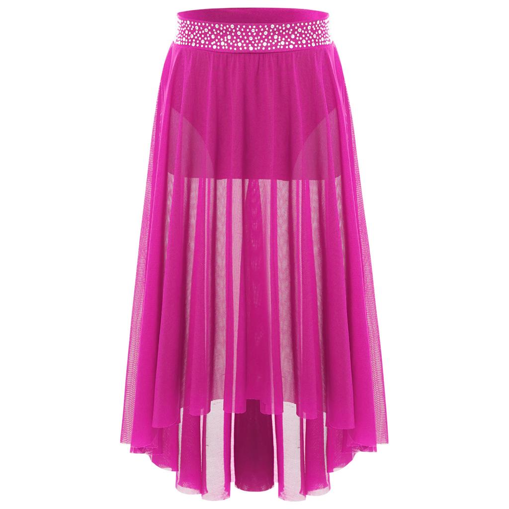 Юбка для лирического танца для девочек с блестящим поясом из стразов, сетчатая юбка хай-лоу, боковой разрез, современный