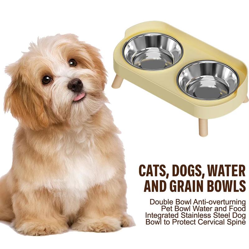 Elevated Dual Bowl Pet Feeder Stainless Steel Anti‑Slip Food Water Bowl Raised Cervical Protection Pet Feeding Bowl Pet Supplies