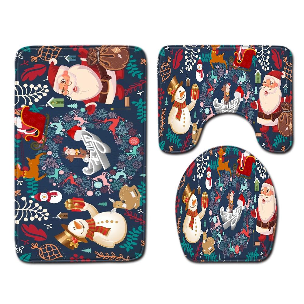 Christmas Shower Curtain Floor Mat Combination Four-Piece Bathroom Non-Slip Door Mat Foot Mat Bedroom Living Room Carpet