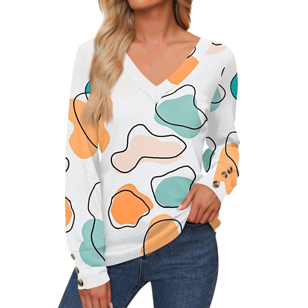 Женская повседневная модная рубашка с длинными рукавами и манжетами на пуговицах, свободная футболка с V-образным вырезом, осенняя одежда