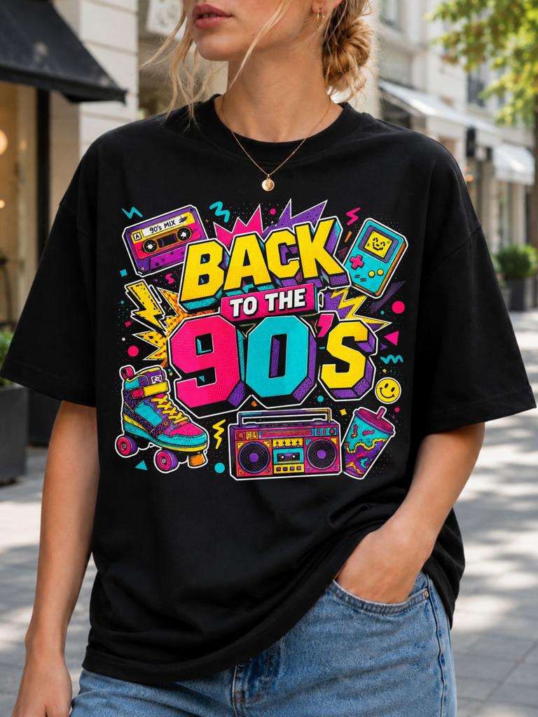 Back To The 9s With Roller Skate Boombox Handheld Game Cassette And Bold Neon Arcade Letters Womes Unisex All TShirt