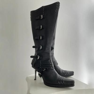 Модные новые сапоги до колена с квадратным носком и ремешком с пряжкой, которые можно разобрать, женские осенние новые сапоги до колена в стиле острой девчонки, модные высокие черно-белые сапоги