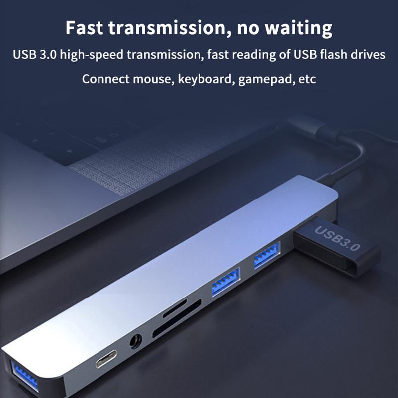 8-в-1 USB Type-C концентратор док-станция с аудиоразъемом 3,5 мм, адаптером, картридером Micro SD/TF для ноутбуков Macbook, планшетов, телефонов