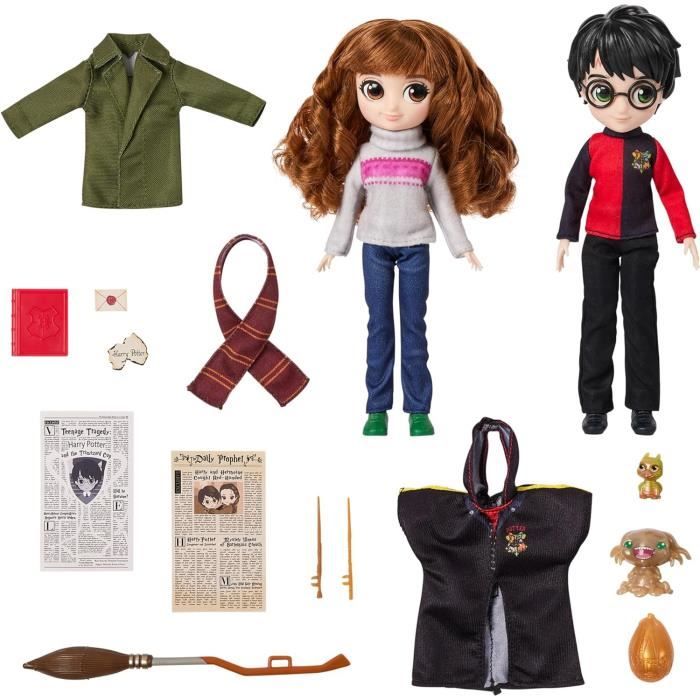 Harry potter - coffret deluxe poupée 20cm harry potter et hermione - wizarding world - 4 tenues et 12 accessoires