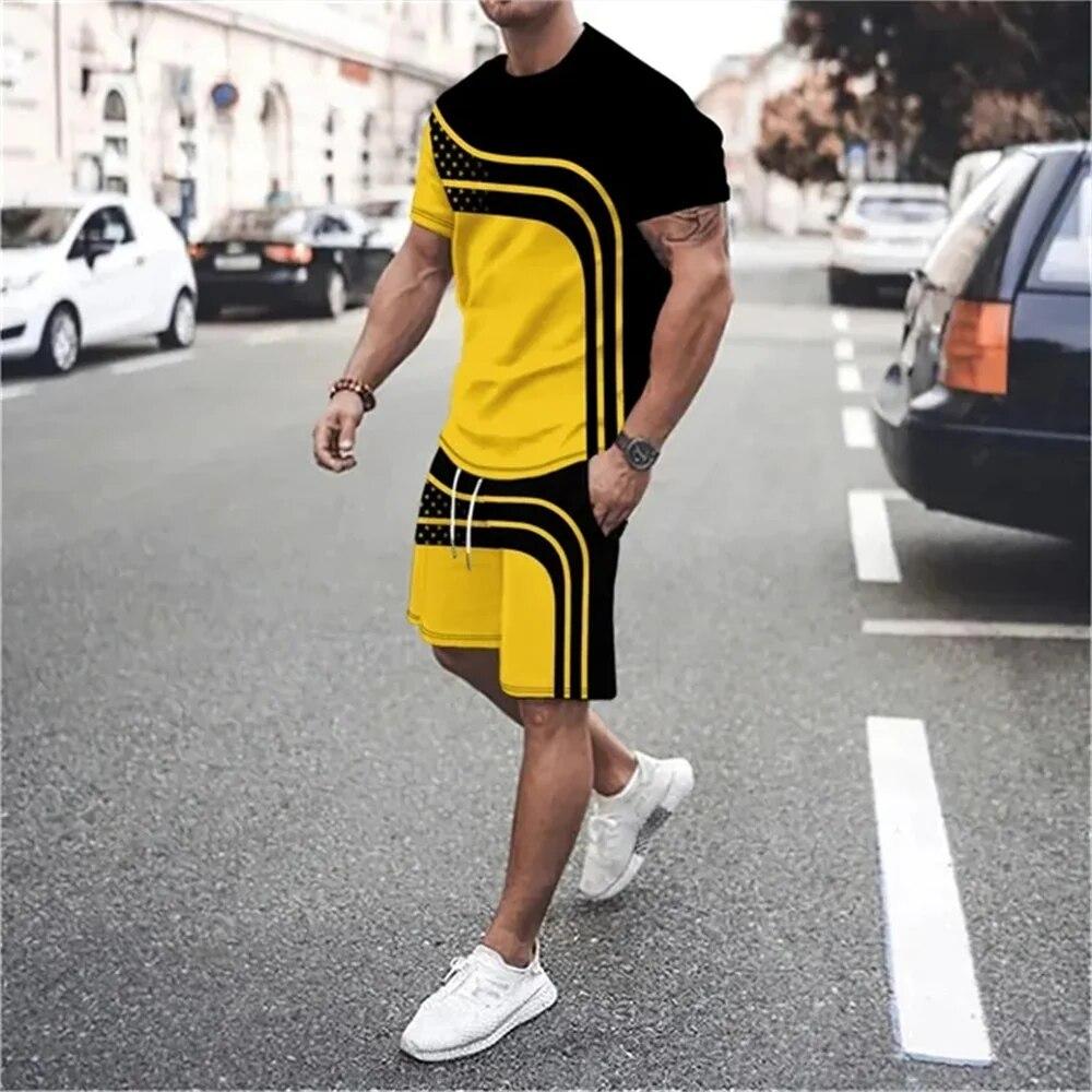Summer New Men's Sportswear Patchwork Color Printing O-Neck T-Shirt 2-Piece Set Fashion Oversized Men's Tracksuits Casual Clothe