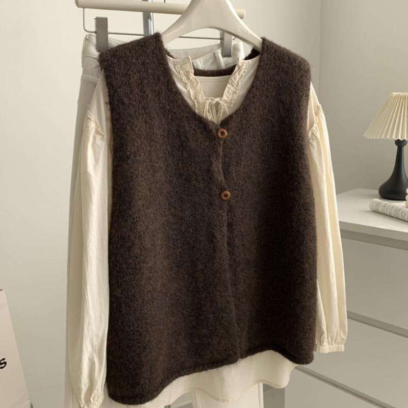 Литературный Винтажный Ленивый Стиль Вязаный Жилет на Двух Пуговицах Женский Весенне-Осенний Безрукавный Разрезной Свитер Жилет