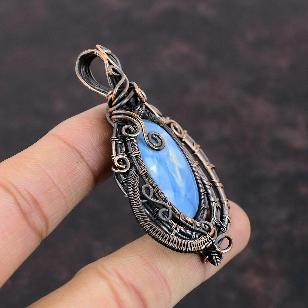 Подвеска из драгоценного камня Owyhee Blue Opal, подвеска из медной проволоки, ювелирное изделие ручной работы, дизайнерская подвеска для подарка, красивые медные украшения