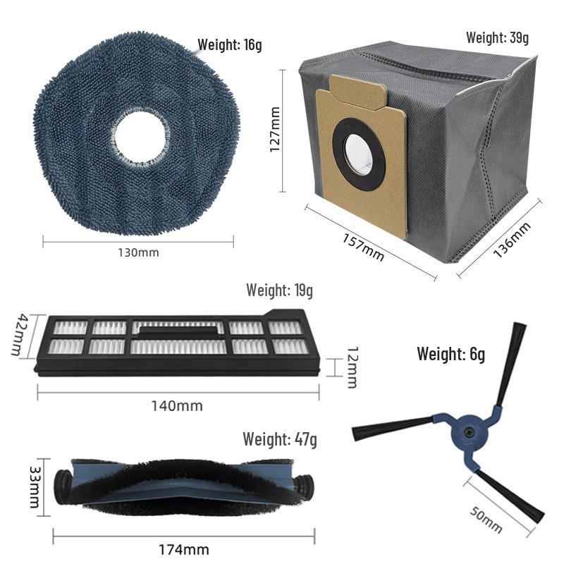 Anker Eufy X10 Pro Omni Vacuum Accessories: Main Brush, Side Brush, Filter, Mop, Dust Bag.